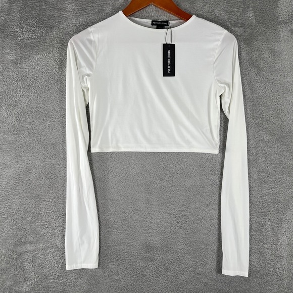 PrettyLittleThing Crop Top Women's Small White Long Sleeve Slinky Coquette Y2K‎ - Picture 1 of 10
